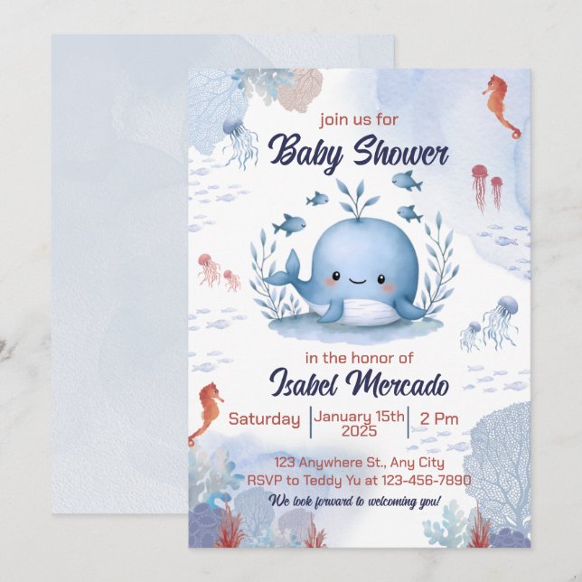 baleine bleue sous baby shower marin invitation (Devant / Derrière)