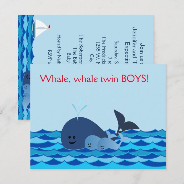 Baleine C'est un Baby shower jumeaux Invitation (Devant / Derrière)