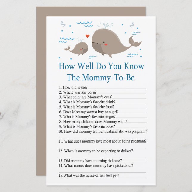 Baleine Connaissez-vous bien le jeu de baby shower (Devant / Derrière)