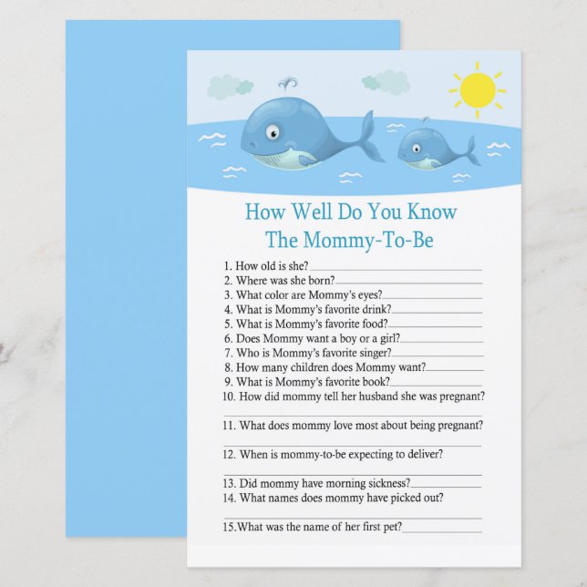 Baleine Connaissez-vous bien le jeu de baby shower (Devant / Derrière)
