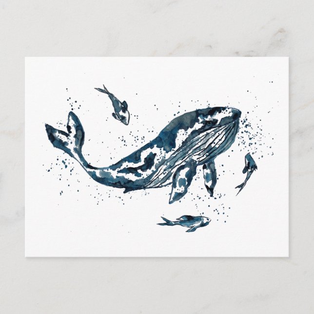 Baleine d'aquarelle en carte postale bleue (Devant)