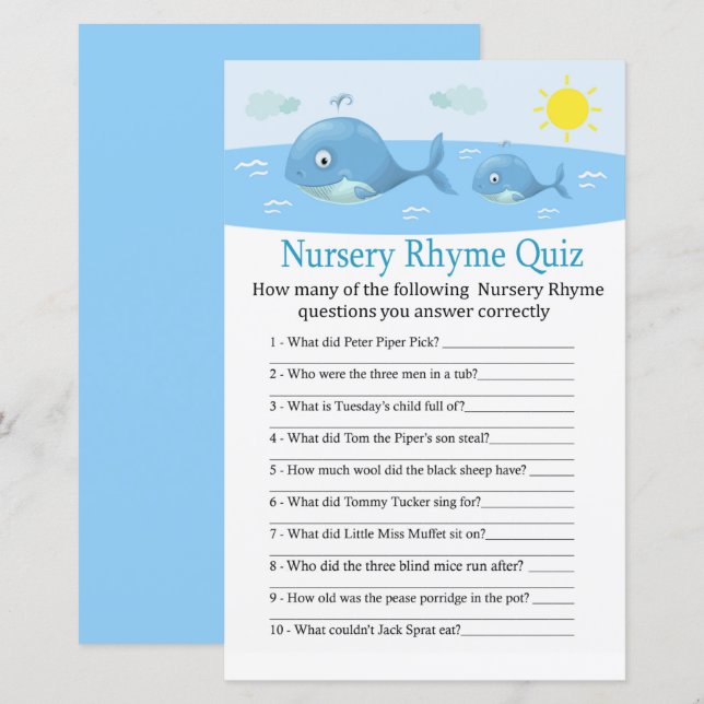 Baleine Nursery Rhyme jeu de baby shower (Devant / Derrière)