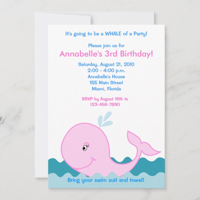 Baleine rose 5x7 Invitation d'anniversaire (Devant)
