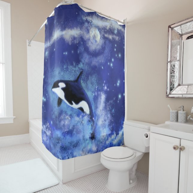 Baleine tueuse sur Pleine lune Rideau de douche bl (En situation)