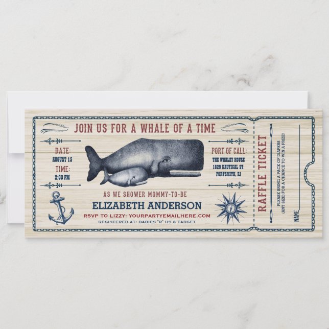 Baleine vintage, Baby shower Invitation de billets (Devant)