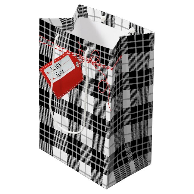 Balise Cadeau Rouge Sur Sac Cadeau Moyen Tartan (Devant Angle)