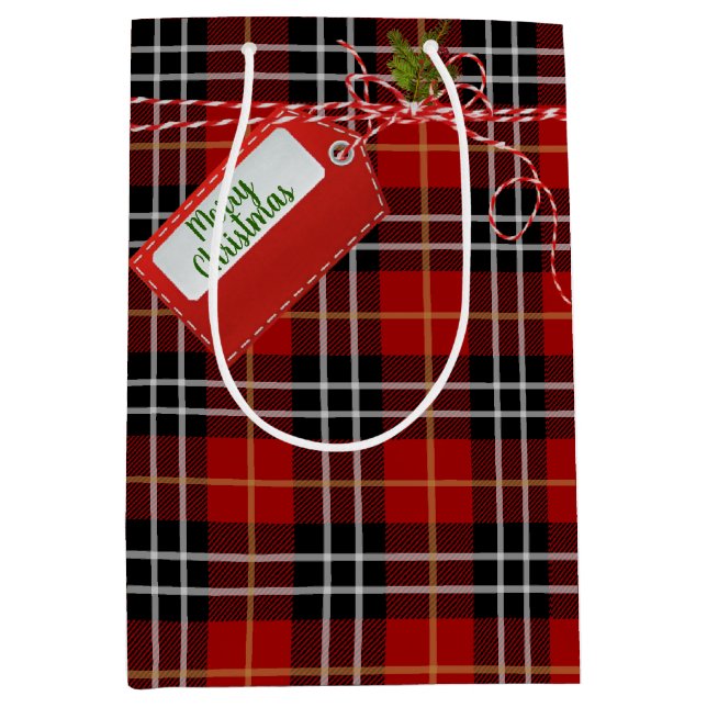 Balise Cadeau Rouge Sur Sac Cadeau Moyen Tartan (Devant)