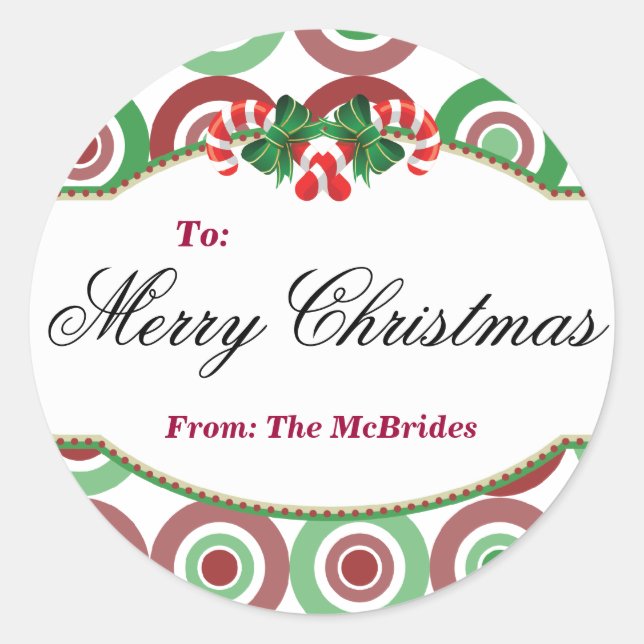 Balise cadeau Sucre de canne de Noël rond Sticker (Devant)