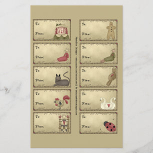 Balises cadeaux de choses primitives sur une feuil