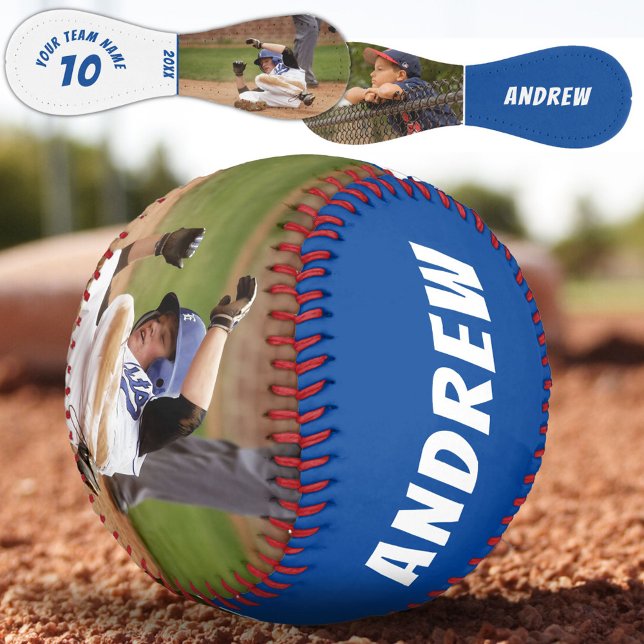 Balle De Baseball 2 Photo Baseball Nom Numéro Équipe Bleu Blanc (Créateur téléchargé)