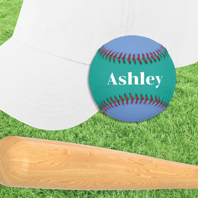 Balle De Baseball Cadeau Personnalisé Blue Green Cool Sport Player (A personalized baseball ball, in blue and green with your chosen name in white. Ideal sports gift.)