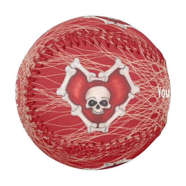 Balle De Baseball Coeur rouge gothique dans les spirales crâniennes  (Devant Gauche)