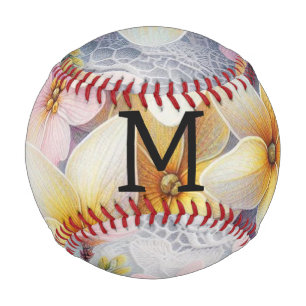 Balle De Baseball Dentelle monogramme fleurs roses et jaunes de prin
