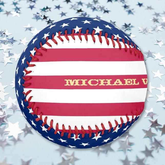 Balle De Baseball Drapeau Patriotique USA Étoiles rayures Nom person (Patriotic USA Flag Stars Stripes Custom Name Cool Baseball)