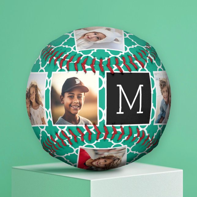 Balle De Baseball Emerald & Black Instagram 5 Photo Collage Monogram (Custom Photo Baseball)