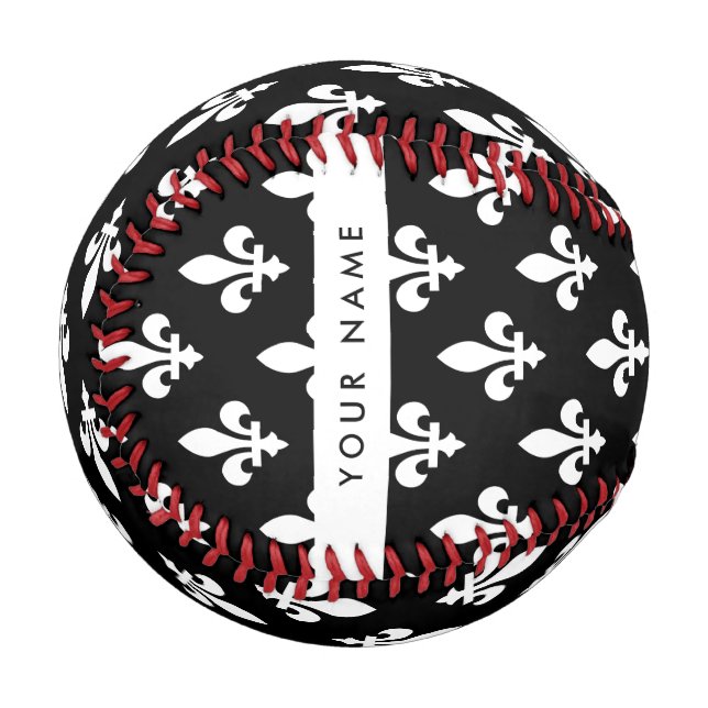 Balle De Baseball Fleur de Lis, Blanc sur Noir, Blanc, Votre Nom (Devant Gauche)
