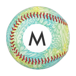 Balle De Baseball Floral Vintage Jaune Et Bleu