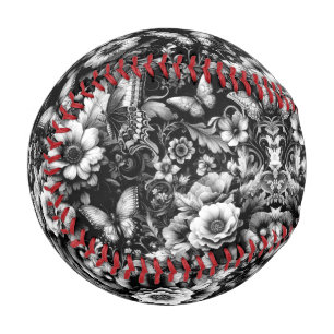 Balle De Baseball Florale d'antiquité monochrome avec papillons
