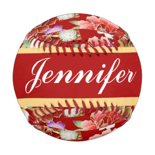 Balle De Baseball imprimé floral japonais en rouge