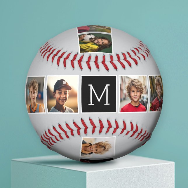 Balle De Baseball Instagram Photo Collage Monogrammes - gris et noir (Custom Photo Baseball)