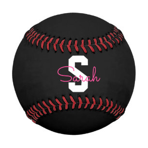Balle De Baseball Joli nom & monogramme   Noir Blanc & Rose