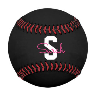 Balle De Baseball Joli nom & monogramme | Noir Blanc & Rose