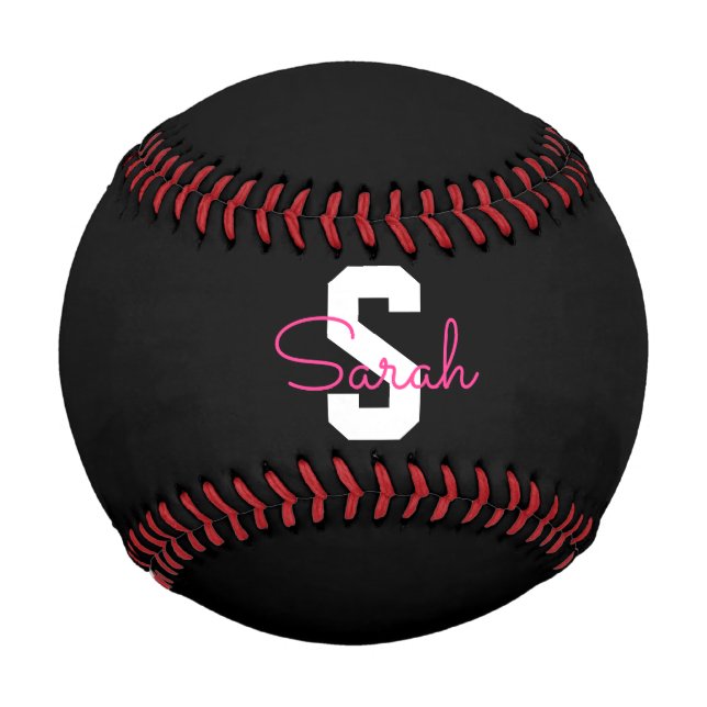 Balle De Baseball Joli nom & monogramme | Noir Blanc & Rose (Devant)
