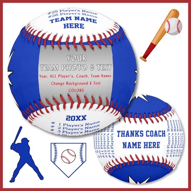 Balle De Baseball Joueurs, Équipe, Noms D'Entraîneurs Personnalisés  (Best end of the baseball season gifts to coaches. Personalized Baseball. Blue and White Baseball.)