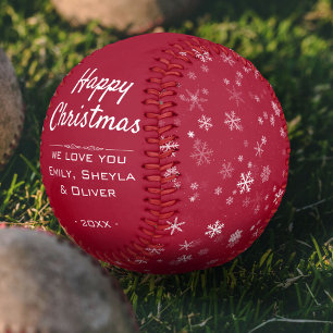 Balle De Baseball Joyeux script de Noël Motif de flocon de neige rou