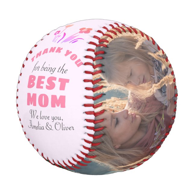 Balle De Baseball Merci Meilleure Maman Fleur Rose Photo Fête des Mè (Angle)