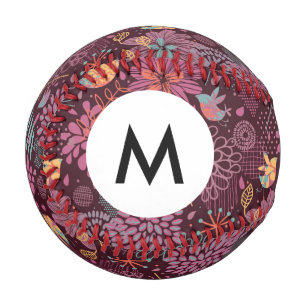 Balle De Baseball Monogramme Abstrait motif floral avec oiseaux