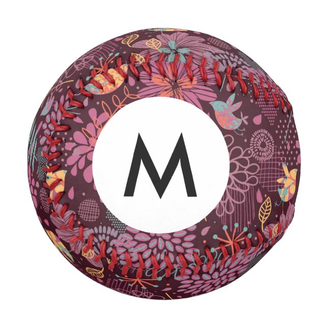 Balle De Baseball Monogramme Abstrait motif floral avec oiseaux (Devant Gauche)
