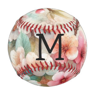 Balle De Baseball Monogramme aquarelle florale roses cerisiers en fl