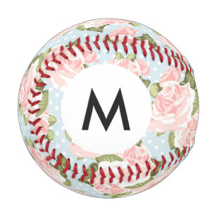 Balle De Baseball Monogramme Beau motif rose avec points bleus