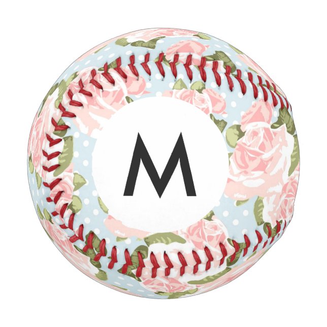 Balle De Baseball Monogramme Beau motif rose avec points bleus (Devant Gauche)