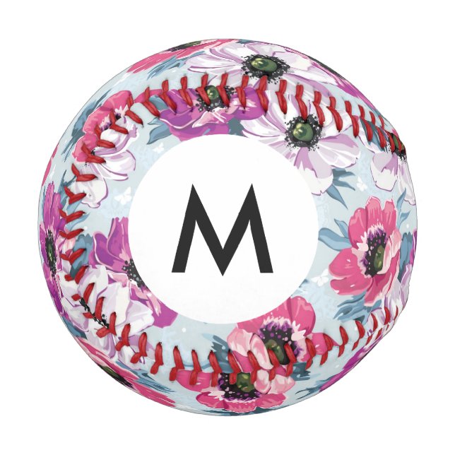 Balle De Baseball Monogramme Elegance fleurs couleur motif sur bleu (Devant Gauche)