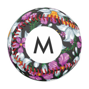 Balle De Baseball Monogramme Elegance motif avec fleurs de narcisse 