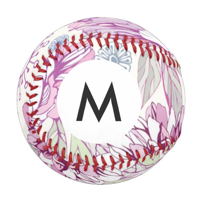Balle De Baseball Monogramme Motif avec fleurs roses (Devant Gauche)