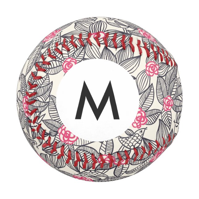 Balle De Baseball Monogramme Motif floral avec oiseaux de caricature (Devant Gauche)