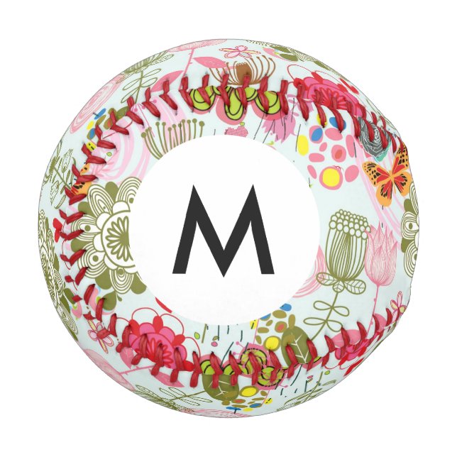 Balle De Baseball Monogramme Motif floral en style rétro 2 (Devant Gauche)