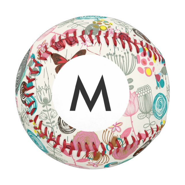 Balle De Baseball Monogramme Motif floral en style rétro 5 (Devant Gauche)
