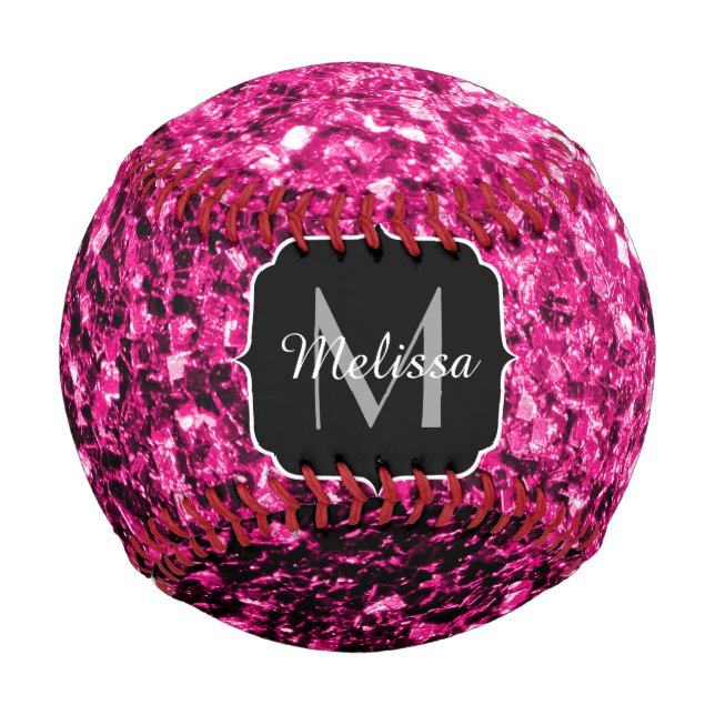 Balle De Baseball Monogramme nom scintillement faux strass rose chau (Devant)