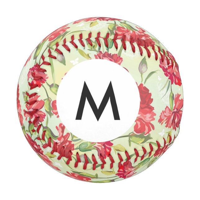 Balle De Baseball Monogramme oeillets rouges sur vert avec papillons (Devant Gauche)
