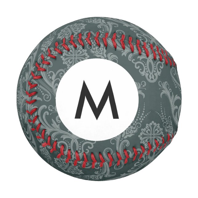 Balle De Baseball Monogramme Papier peint vert fleuri damassé (Devant Gauche)