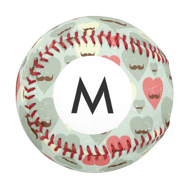 Balle De Baseball Monogramme Valentine motif avec coeur et moustache (Devant Gauche)