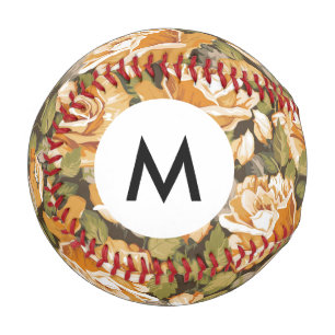 Balle De Baseball Monogramme Vintage patron floral des roses jaunes