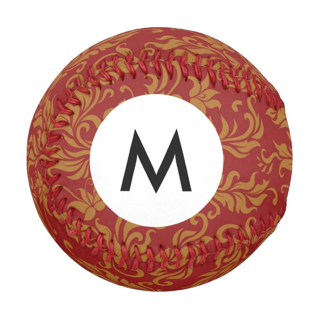 Balle De Baseball Motif Floral Monogramme rouge et or (Devant Gauche)