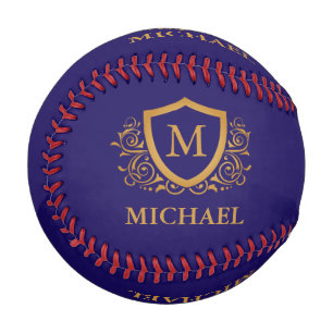 Balle De Baseball Nom du monogramme personnalisé bleu et or de la ma