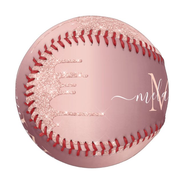 Balle De Baseball Nom du monogramme Rose Gold Blush Parties scintill (Devant Gauche)