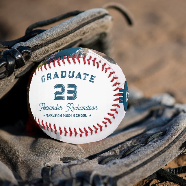 Balle De Baseball Numéro Jersey | Monogramme bleu de graduation (Créateur téléchargé)